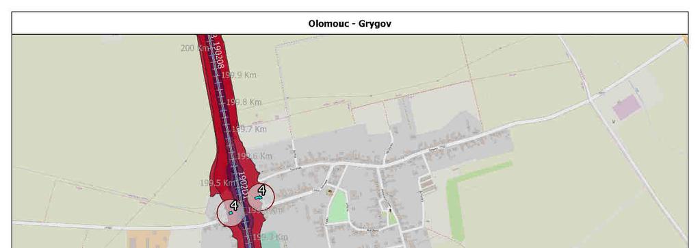 Obrázek 7 - Hotspot Olomouc Grygov Bližší lokalizace budov v ohnisku podle ulic na základě dat SHM: Objekt v Blatecké ulici, objekt v Bezručově ulici, obytný dům v ulici K Nádraží 124, Grygov Shrnutí