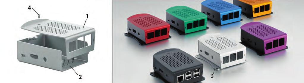 Skořepinová skříňka pro Raspberry Pi rozsah dodávky: 1 = 1 x horní skořepina; 2 = 1 x dolní skořepina; 3 = 2 x upevňovací spona (možnost); 4 = 1 x montážní materiál solidní skříňka z 1,5mm silných