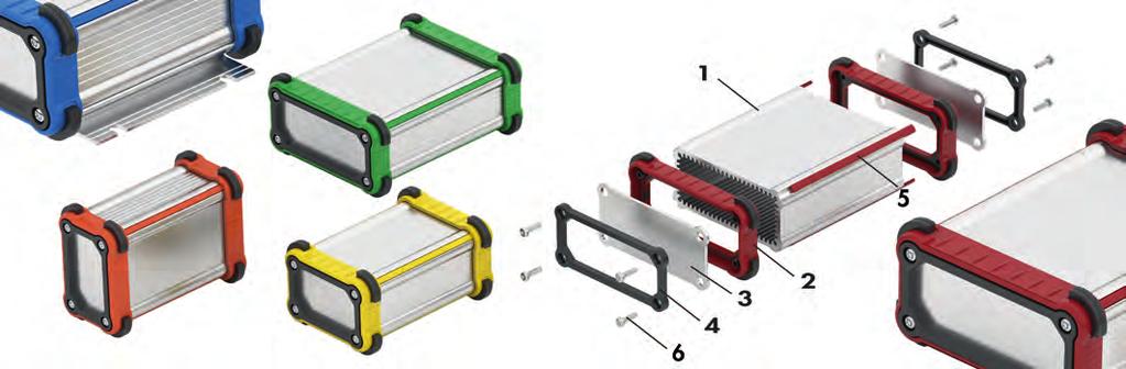 Skříňky esign SO rozsah dodávky: 1 = 1 x základní profil 2 = 2 x venkovní plastový rám 3 = 2 x kryt (2 mm) 4 = 2 x plastová zamačkávací rám (podobný jako u R 7012) 5 = 4 x plastová designová lišta 6
