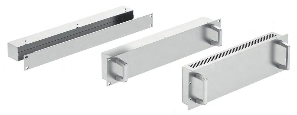 19" zásuvná jednotka s nepatrnou hloubkou rozsah dodávky: 1 = čelní panel (z profilů 28, 40, 54); 2 = víko; 3 = madla (volitelná); montážní materiál 19" zásuvná jednotka s nepatrnou hloubkou pro
