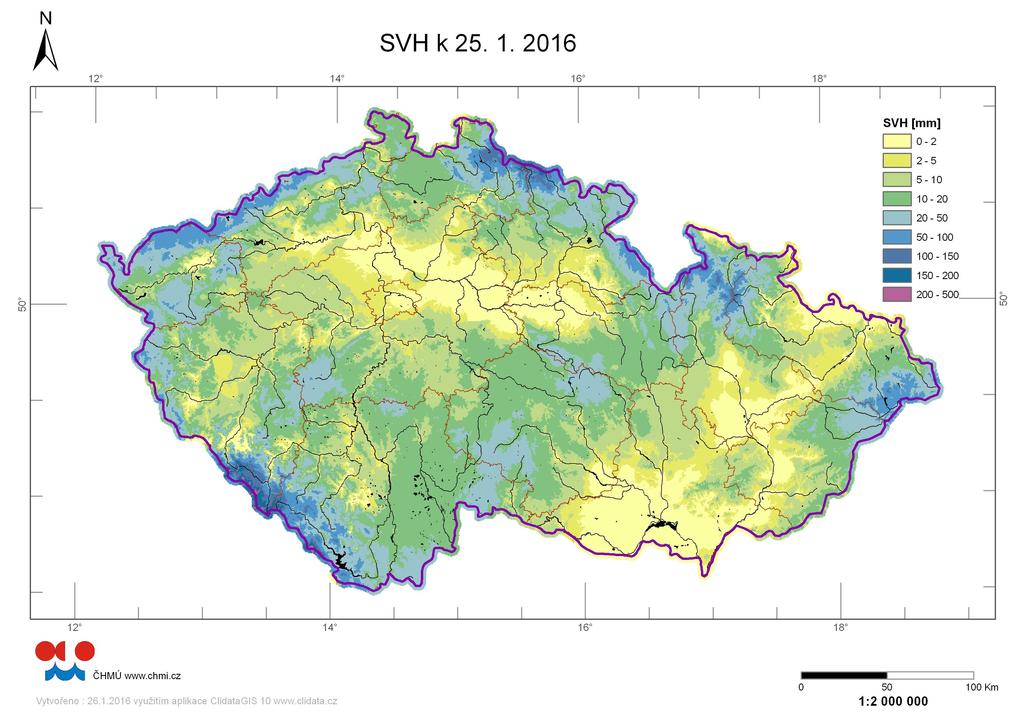 Mapa rozložení vodní hodnoty sněhu (SVH) k 25.