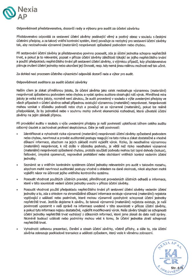 Zpráva nezávislého auditora jedinému