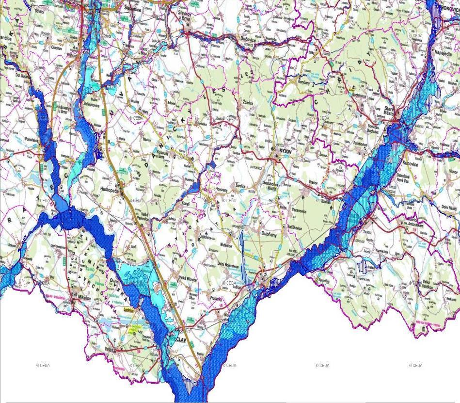 Obrázek: Záplavová území a jejich aktivní zóny na jižní Moravě