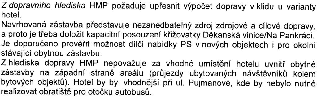 Z akustického hlediska je tøeba pøedložit hlukovou studii Z hlediska ochrany ovzduší HMP souhlasí se zámìrem výstavby obytného souboru Z hlediska mìstské zelenì HMP upozoròuje na nesoulad s ÚPn do