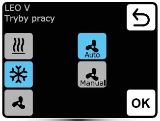 Vodní teplovzdušná jednotka LEO typ V vybavená DRV-V: LEO V: Provozní režim: Nastavení ventilátoru (OFF-1-2-3) Aktuální volba (krátký stisk) Provozní režim Režim topení