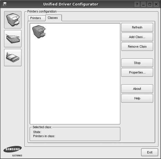 类别选项卡 Classes ( 类别 ) 选项卡显示可用打印机类别的列表 配置打印机属性 利用 Printers configuration ( 打印机配置 ) 提供的 Properties ( 属性 ) 窗口, 可以更改本机作为打印机时的各种属性 1 打开 Unified Driver Configurator (Unified Driver 配置器 ) 显示所有的打印机类别