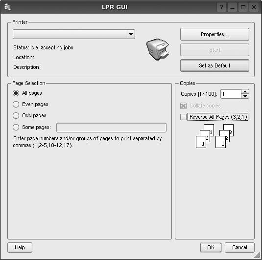 打印文档 从应用程序打印 利用 Common UNIX Printing System ( 通用 UNIX 打印系统, CUPS), 可以从许多 Linux 应用程序进行打印 本机支持从任何此类应用程序进行打印 1 在正使用的应用程序中, 选择 File ( 文件 ) 菜单中的 Print ( 打印 ) 2 使用 lpr 直接选择 Print ( 打印 ) 3 在 LPR GUI 窗口中, 从