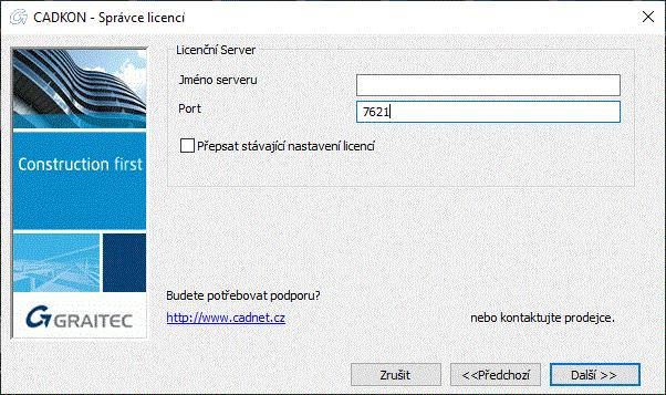 V dalším kroku uveďte název počítače, na kterém je licenční server nainstalován.