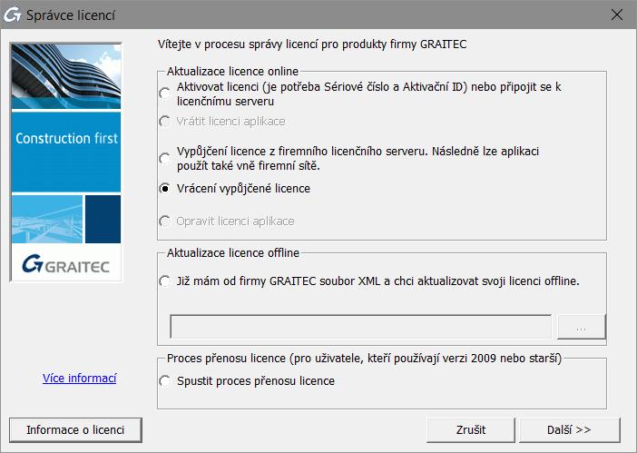 Vrácení vypůjčené licence před jejím vypršením 1. Z menu Windows vyberte Programy > CADKON+ RC 2019 > Autorizace a správa licencí > Správce licencí. 2. V prvním kroku Správce licencí vyberte Vrátit vypůjčenou licenci.