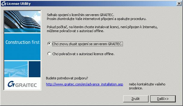 Selhalo spojení s licenčním serverem GRAITEC Příčina Řešení Počítač, na který chcete