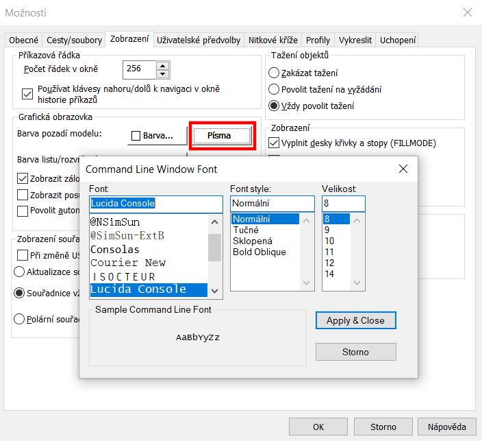 Příkazová řádka Nově si můžete přizpůsobit velikost textu a font textu příkazové řádky. Nové volby jsou dostupné v dialogovém okně Možnosti (příkaz _CONFIG ), na kartě Zobrazení. Obr.