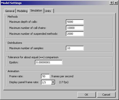 Základní nastavení (Tools/Model Settings - Simulace) nastavení použité pro metody: určuje maximální počet aktivních metod v modelu určuje maximální počet metod, které mohou být aktivovány paralelně