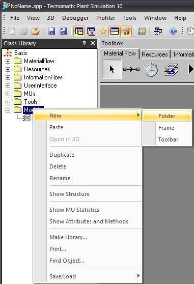 Základní orientace v prostředí PlantSimulation (Založení modelu Frame ) Do knihovny tříd lze přidat novou složku Folder novou síť Frame nový panel nástrojů Toolbar Pro přidání nové