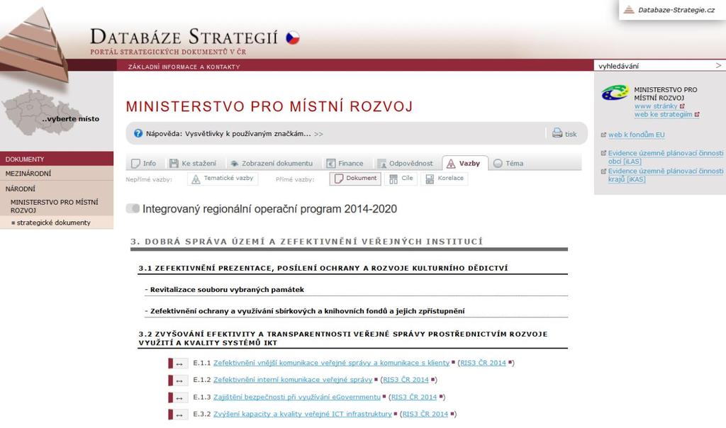 Obr. 19: Ukázka přímých vazeb mezi dokumenty v DS (IROP 2014-2020 a RIS3 2014) 6.