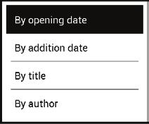 ČČČČČČČČČČ 44 2.Kritéria řazení podle data otevření, podle data přidání, podle titulu, podle autora. 3. Zobrazení seznamu knih Jednoduchý v tomto režimu se zobrazuje ikona obalu knihy.
