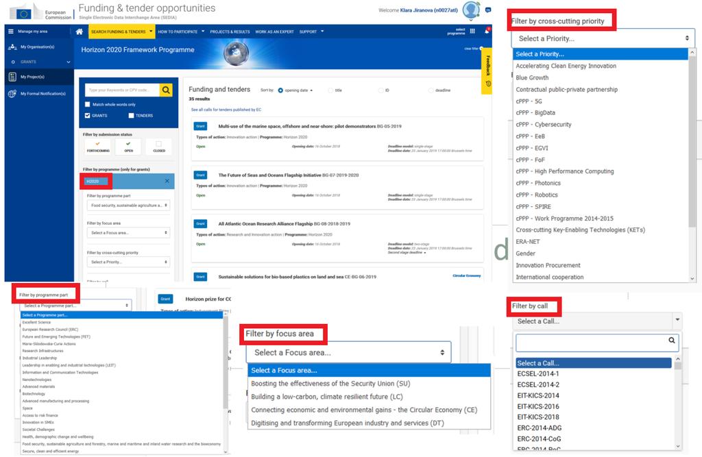 individuálně Vytvořte si účastnický účet na F&T portálu Registrujte Vaši organizace Vytvořte a podejte návrh projektu Evropské komisi 1) Vyhledejte si vhodnou výzvu pro Váš projekt -> Klikněte na
