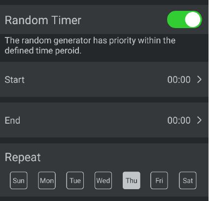 spuštění Po aktivaci funkce Random timer se chytré zařízení zapíná a vypíná v náhodných časech. Tato funkce má přednost před aktuálním stavem chytrého zařízení.