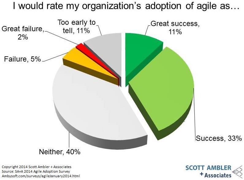 Ovšem, jak ukazuje průzkum Scotta Ablera na úspěšnost adaptace agilních metodik, úspěšnost adaptace agilních metodik nepřesahuje 50 %.