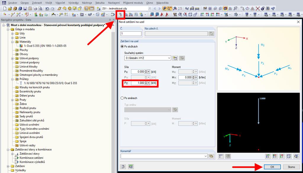 Zadání jednotkových sil - Nové zatížení na uzel graficky Lze zadat různé velikosti jednotkových sil (např.