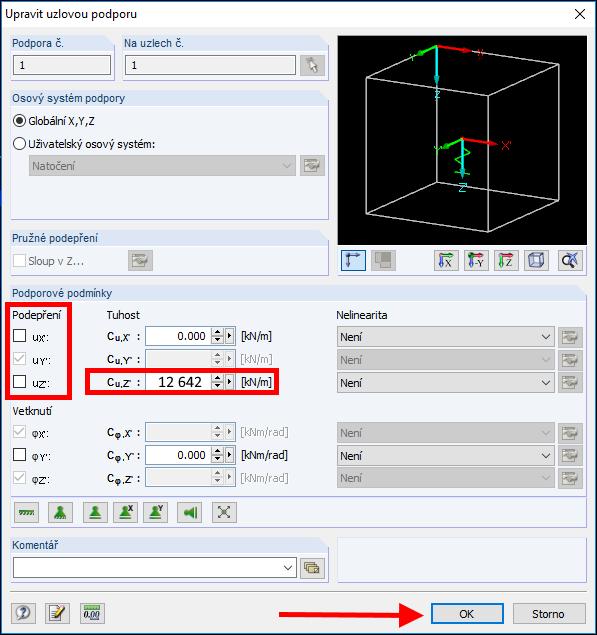 : Pozor, v jakých jednotkách software požaduje zadat tuhost (v příkladu je to v kn/m) 2.