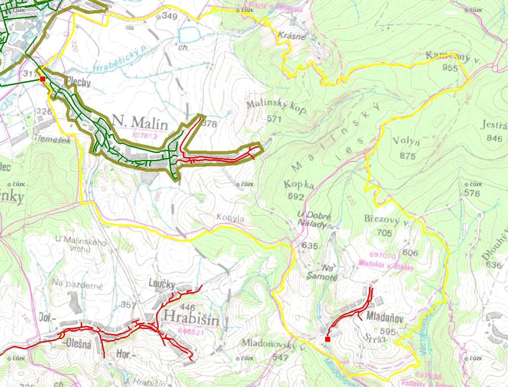 E. KANALIZACE A ČOV Mapa E1: Kanalizace - rozvody v obci Trasování sítí, lokalizace ČOV, čerpací stanice (ČS), výústě Obec: Nový Malín Legenda: Kanalizace: Ochranné pásmo: Vyústění: do 2015 po 2015 I