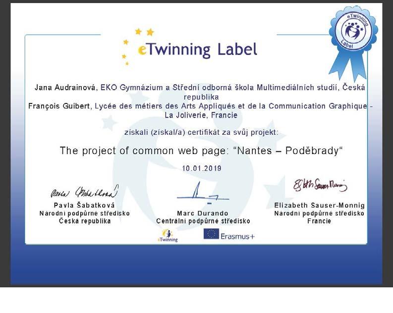 získali jsme certifikát etwinning label Projekt Přímá linka Poděbrady - Nantes přinesl naší škole
