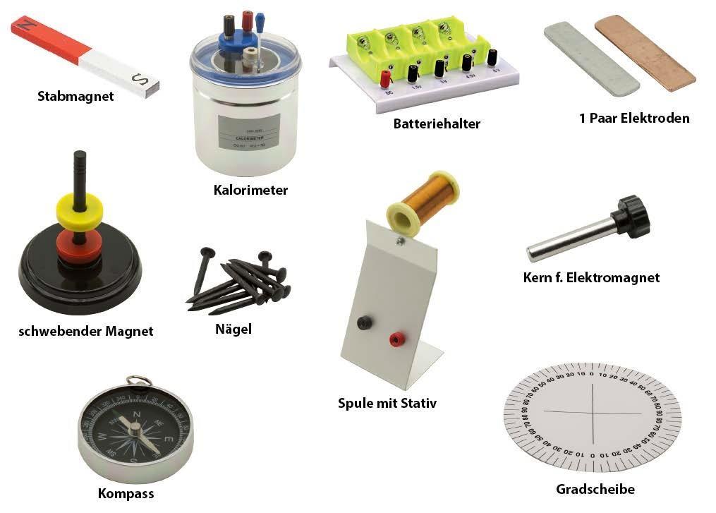 zvonek magnetická střelka ampérmetr voltmetr tyčový magnet držák baterií 1 dvojice