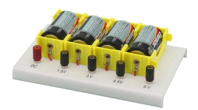 Pokus 1 Potřebný materiál: 1 držák baterií, 4 baterie Pro získání vyššího napětí je nezbytné zapojit více článků baterií do série.