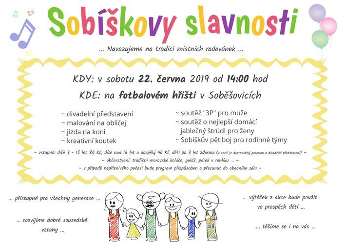 www.sobesovice.cz Plánované akce v měsíci červnu Odveta ve fotbale a kácení máje Sbor SDH Soběšovice vás srdečně zve na odvetu ve fotbale spojenou s kácením májky, která se bude konat v sobotu 1.