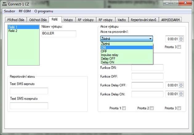 Connect-1 - Záložka Relé Obr. 7: Relé výběr akce na prozvánění jednotky. Každý z výstupů může také vykonávat akce na příchozí SMS z telefonního čísla z povolené prioritní skupiny (viz obr. 9).