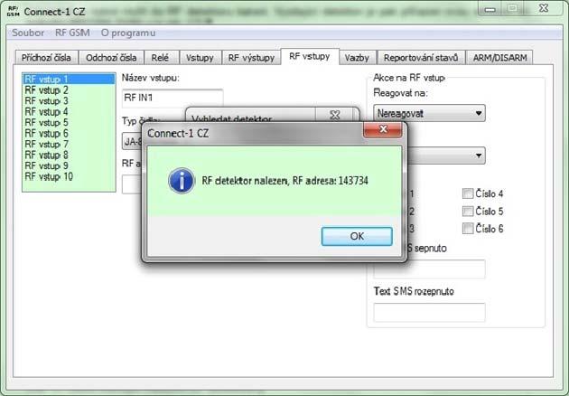 Connect-1 - Záložka RF vstupy Proces hledání detektoru je indikován oknem Probíhá hledání detektoru (viz obr.16). Obr. 16: Okno indikující proces hledání RF detektoru.