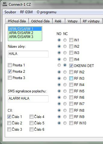 4.2.9 Záložka ARM/DISARM 1 3 4 2 Connect-1 - Záložka ARM/DISARM Záložka je určena pro seskupování napěťových vstupů a RF vstupů do hlídaných zón a pro nastavování parametrů takto vytvořených zón. 1. Jednotka umožňuje vytvoření 3 hlídaných zón.