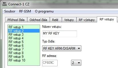 27: Záložka Odchozí čísla. 2. Na záložce RF vstupy vyberte typ čidla a proveďte přiřazení detektoru podle kap. 4.2.6.