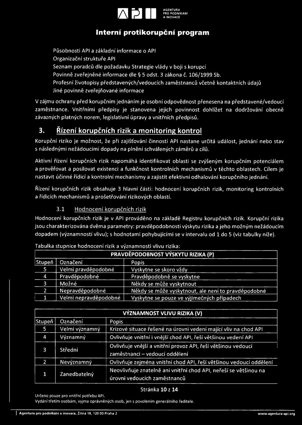 Profesní životopisy představených/vedoucích zaměstnanců včetně kontaktních údajů Jiné povinně zveřejňované informace V zájmu ochrany před korupčním jednáním je osobní odpovědnost přenesena na
