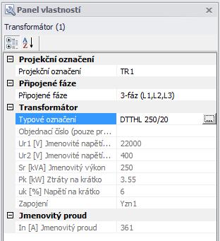 4 Transformátor Tento prvek představuje buď distribuční transformátor oddělující napájecí VN síť a řešenou NN síť, nebo ochranný oddělovací transformátor použitý pro vytváření IT sítí (např.