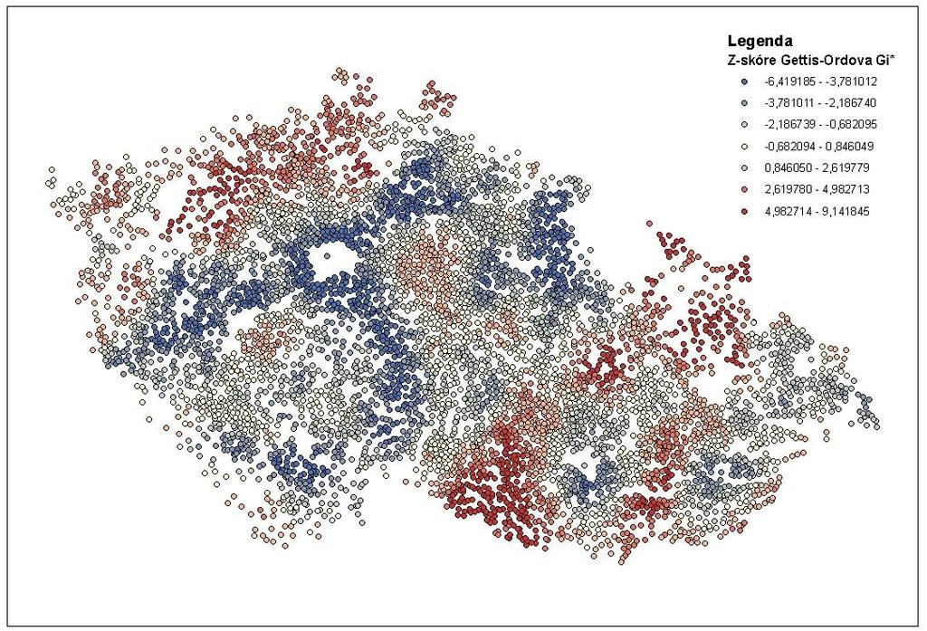 PROSTOROVÉ USPOŘÁDÁNÍ BODŮ Míra nezaměstnanosti v obcích ČR Z-skóre Gettis-Ordova Gi*