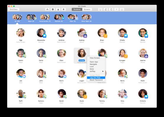 Odhlášení od sdílených zařízení. Po skončení hodiny můžete jednotlivé studenty, skupinu studentů nebo celou třídu odhlásit od zařízení.