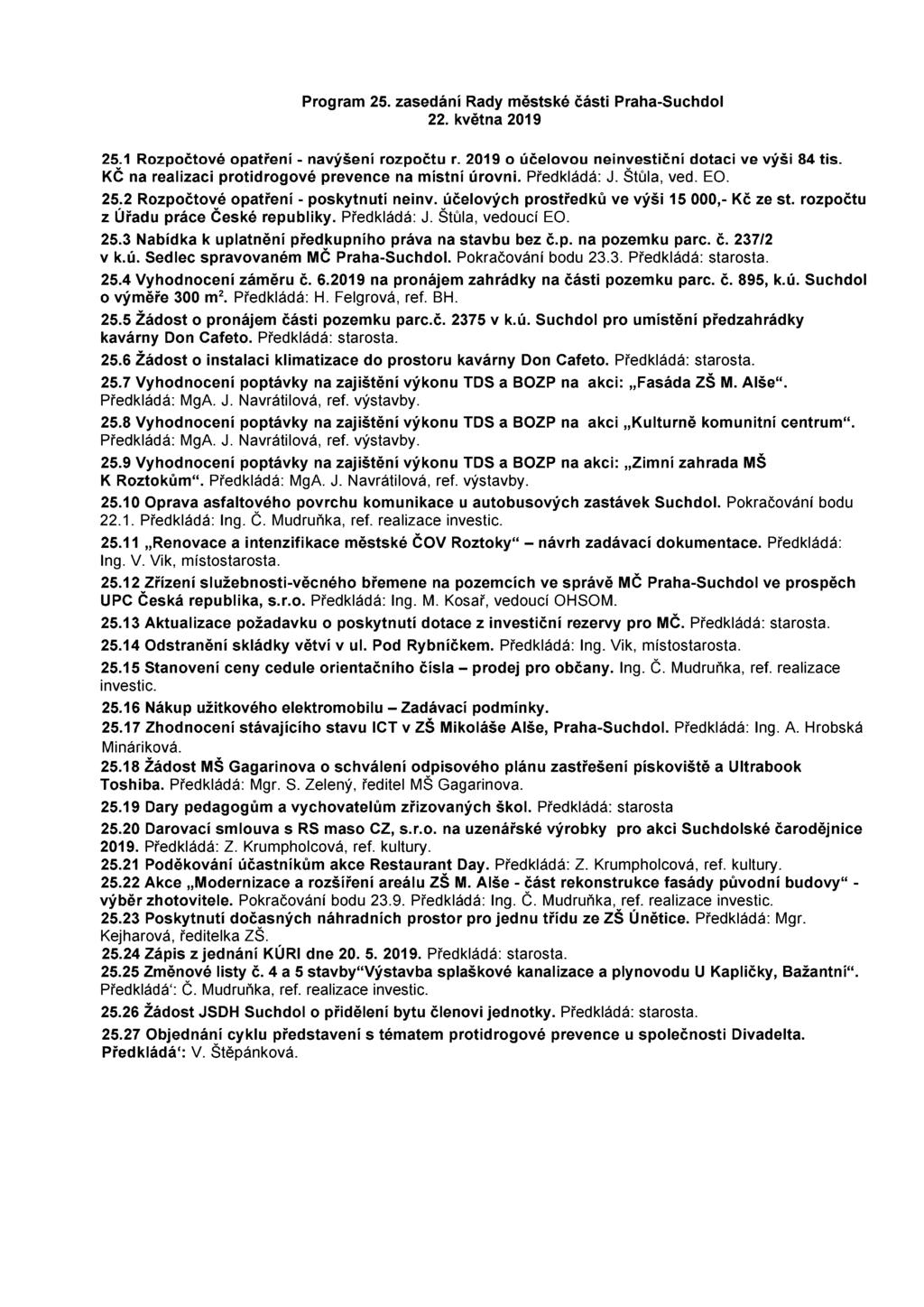 Program 25. zasedání Rady městské části Praha-Suchdol 22. května 2019 25:1 Rozpočtové opatření - navýšení rozpočtu r. 2019 o účelovou neinvestiční dotaci ve výši 84 tis.