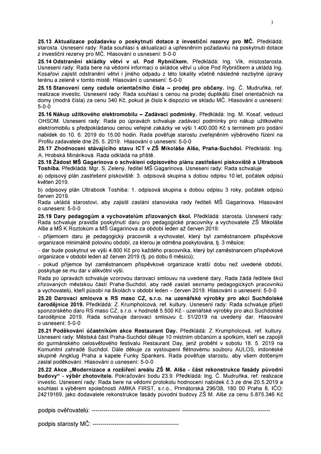 25.13 Aktualizace požadavku o poskytnutí dotace z investiční rezervy pro MČ. Předkládá: starosta.