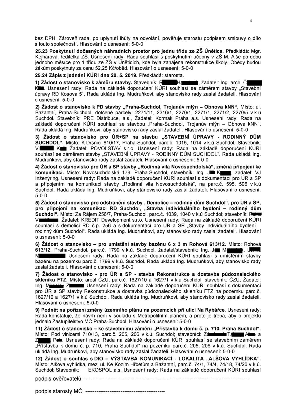 bez DPH. Zároveň rada, po uplynutí lhůty na odvolání, pověřuje starostu podpisem smlouvy o dílo s touto společností. Hlasování 25.