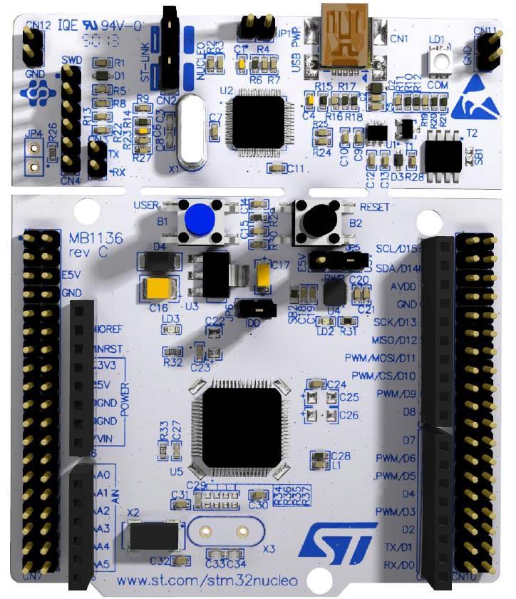 Kit Nucleo s mikrořadičem STM32F303 RE Kit Nucleo je určen pro evaluační účely, t.j. ověření funkcí vlastního procesoru, jeho určení - seznámit se s STM32F303RE Není určen pro finální aplikace.