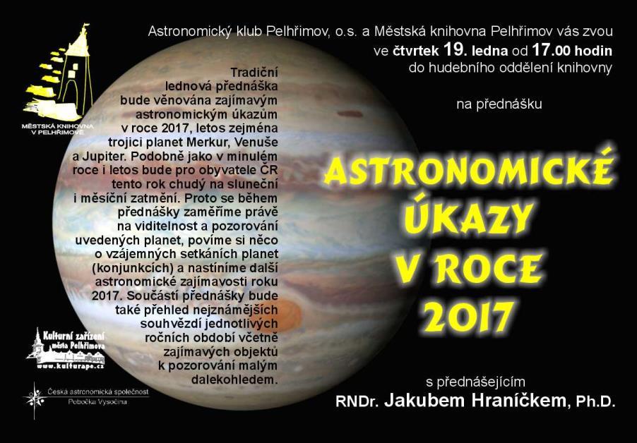 Spolupráce PV ČAS Jihlavská astronomická společnost (letní tábor) Astronomický klub Pelhřimov (akce v Pelhřimově a okolí) Hvězdárna Třebíč (Zvané přednášky) Gymnázium Pelhřimov (Noc vědců 2017) Česká