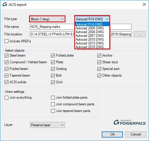Totéž platí pro modely rozložené do formátu DWG pomocí Export modelu do ACIS. Verzi formátu DWG lze vybrat z rozbalovacího seznamu.