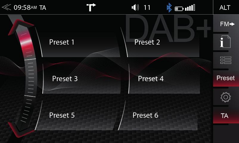 NASTAVENÍ DAB+ PŘEDVOLBY STANICE DAB+ Stránka nastavení rádia DAB+ umožňuje definovat důležité funkce, jako např. sledování stanic DAB<>DAB a FM<>DAB.