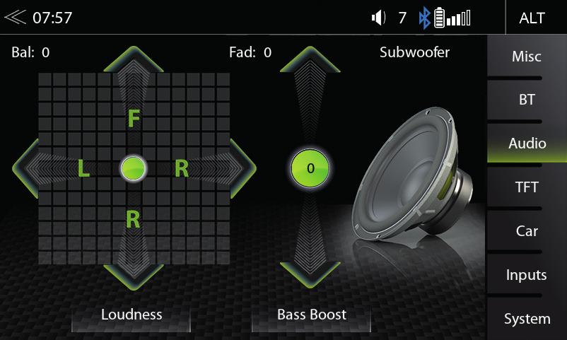 RYCHLÉ NASTAVENÍ ZVUKU (BAL / FAD / SUBWOOFER / HLASITOST / ZVÝRAZNĚNÍ BASŮ) NASTAVENÍ ZVUKU: REŽIM EXPERTA V tomto menu je možné nastavit úroveň hlasitosti / faderu, hlasitosti, zvýraznění basů a