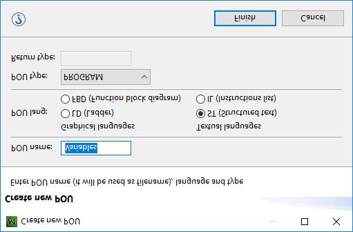 7. Pojmenování nové POU (Variables), výběr ze 4 programovacích jazyků a typ POU (Program).