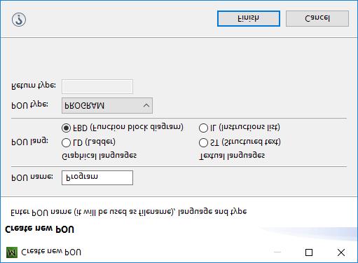 9. Vytvoření nové POU pro část programu Funkčních bloků. Pravé tlačítko myši na hlavní složku projektu First project -> Create new PoU. 10. Vytváření programu.