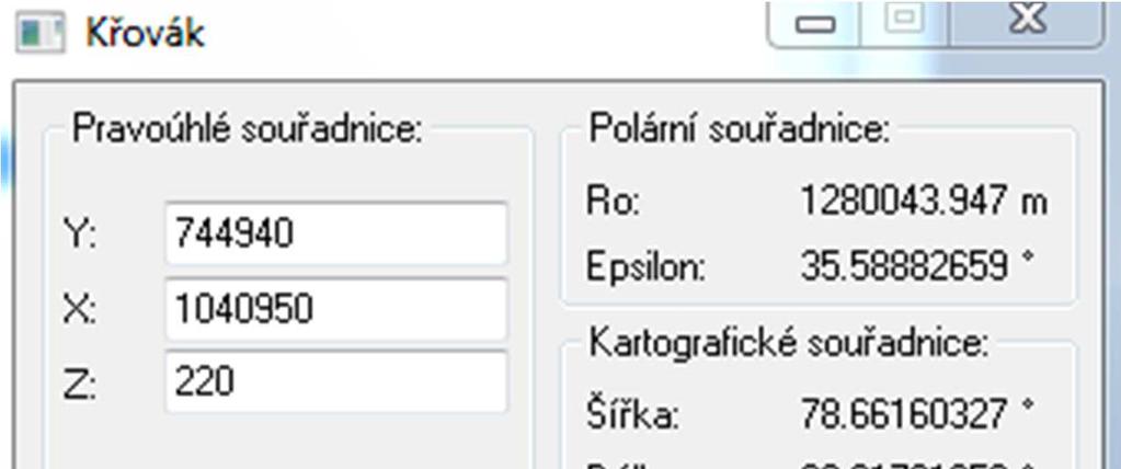 Obr. 10: Výpočet měřítkového čísla - Křovák Funkce Křovák Funkce je vyvolávána z Nástroje Křovák.