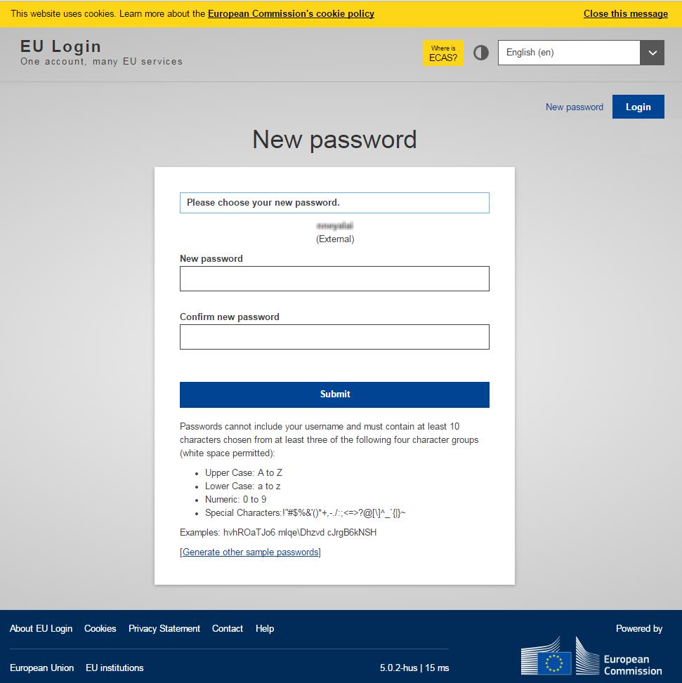 Obrázek 5 EU Login: stránka Nové heslo 6.