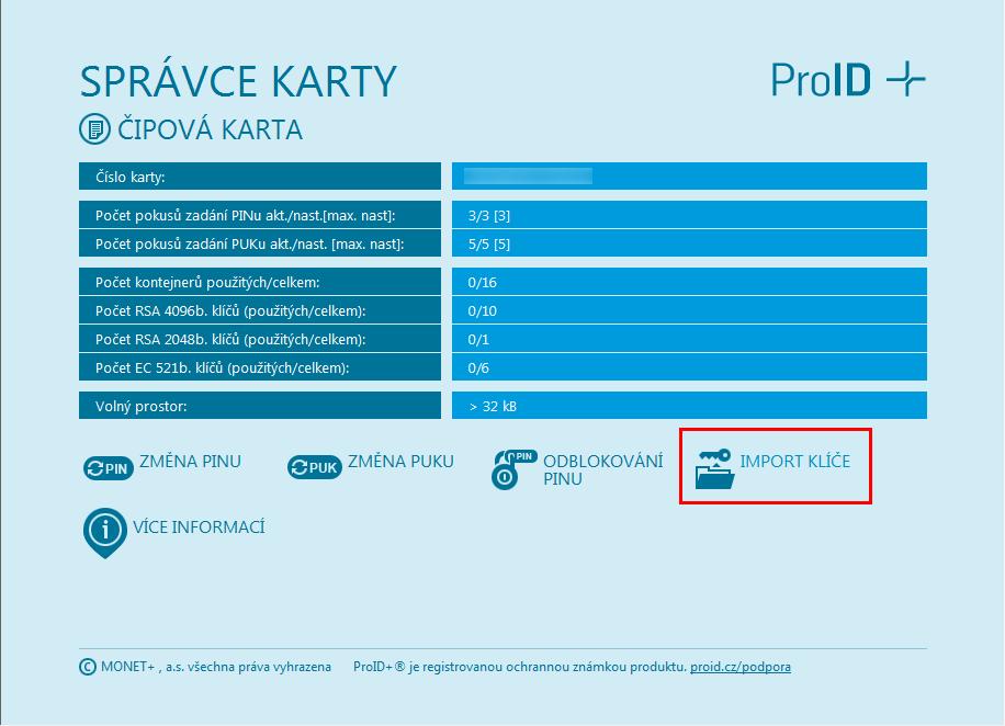 7. Další funkce Správce karty ProID+ 7.1. Import certifikátu z PKCS#12 Vložení certifikátů ze zálohy (PFX nebo P12) do čipové karty se provede kliknutím na tlačítko Import klíče. 1.